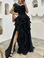 Ruffle Off Shoulder Side Slit Sleeveless A-line Floor length Prom Dress, PD3723