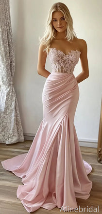 Pastel Pink Strapless Lace Applique Mermaid Long Prom Dress, Evening Dress, PD3823005