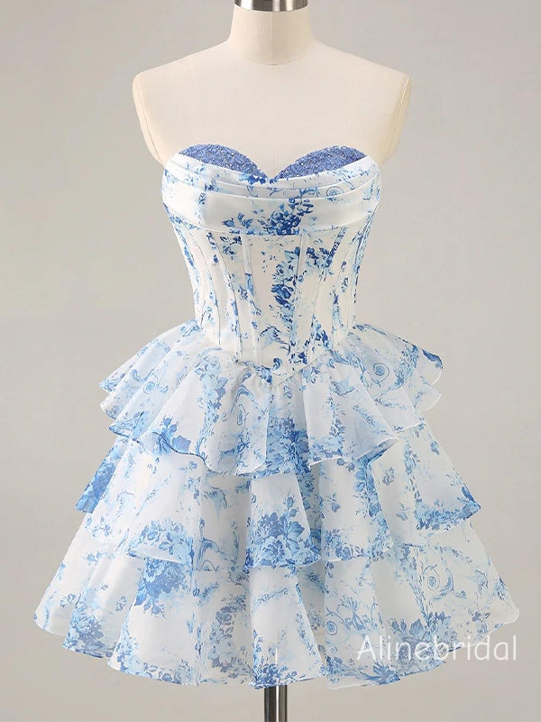 Elegant Pink Floral Corset Ruffle A-line Soft Satin Short Homecoming Dress, Prom Dress, PD382251