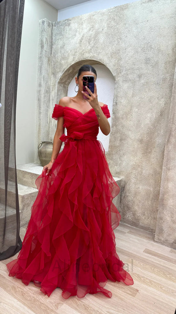 Romantic Purple Tulle Off Shoulder Tiered Prom Dress-Ruffled Layered A AlineBridal Romantic Purple Tulle Off Shoulder Tiered Prom Dress-Ruffled Layered A AlineBridal