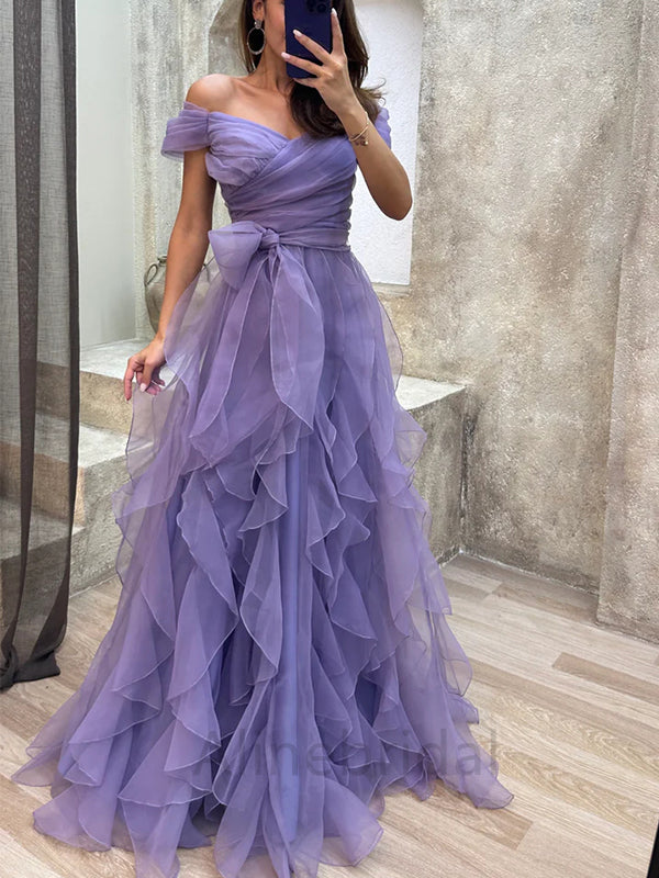 Romantic Purple Tulle Off Shoulder Tiered Prom Dress-Ruffled Layered A AlineBridal Romantic Purple Tulle Off Shoulder Tiered Prom Dress-Ruffled Layered A AlineBridal