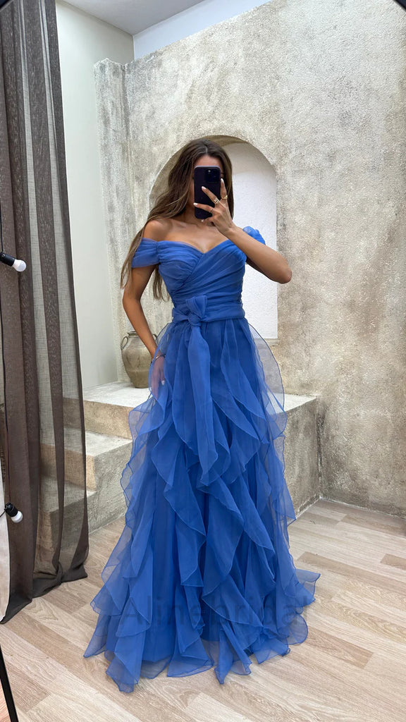 Elegant Off Shoulder Sleeveless A-line Floor length Prom Dress, PD3708