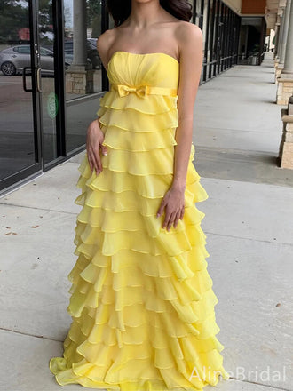 Sunmmer Yellow Strapless A-line Long Prom Dress,Evening Dress,PD37720