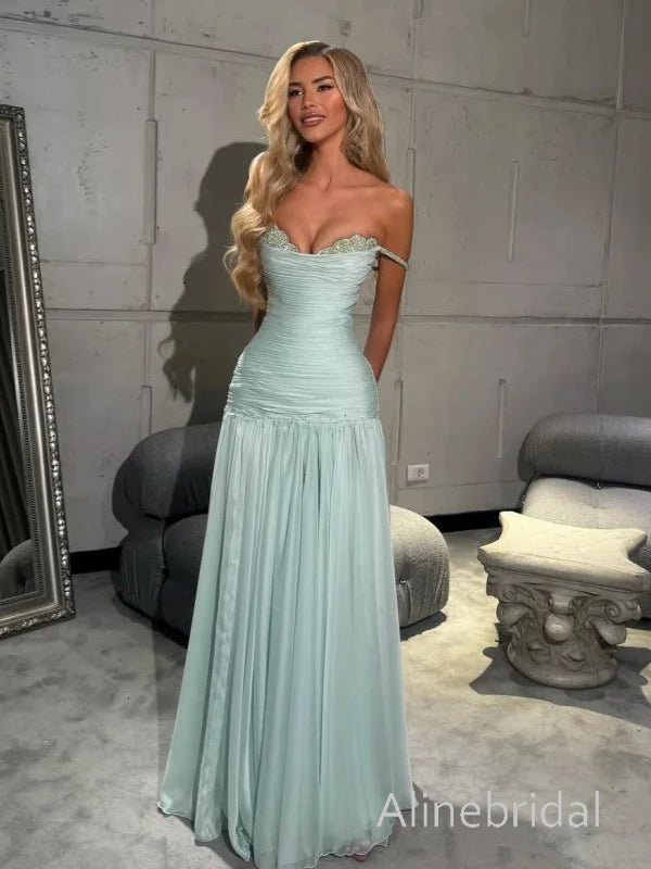 Flowy Blue Off the Shoulder A-line Long Chiffon Prom Dress, Evening Dress, PD3823009