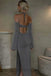 Grey Halter Long Sleeves  Side Slit Sheath Long Prom Dress, PD3748