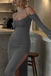 Grey Halter Long Sleeves  Side Slit Sheath Long Prom Dress, PD3748