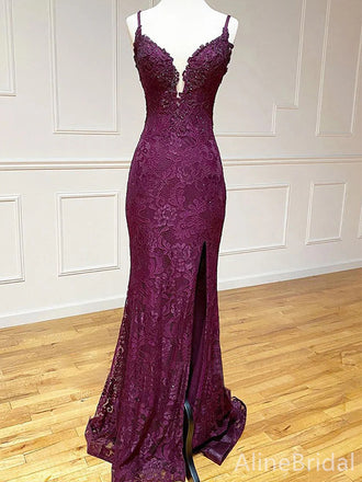 Glamorous Lace Beadings V-neck Spaghetti Strap Mermaid Side Slit Long Prom Dress,Evening Dress,PD37744