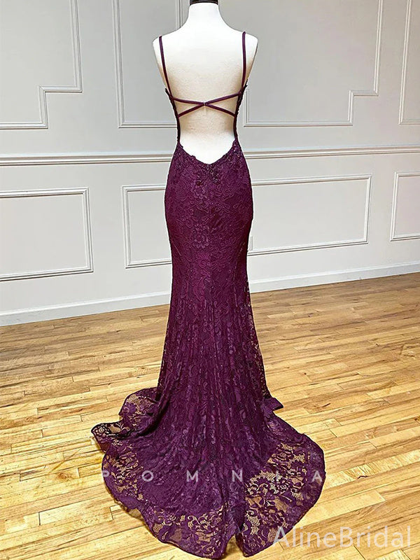 Elegant Purple Lace Beaded Backless Mermaid Prom Dress with Slit-Long AlineBridal Elegant Purple Lace Beaded Backless Mermaid Prom Dress with Slit-Long AlineBridal