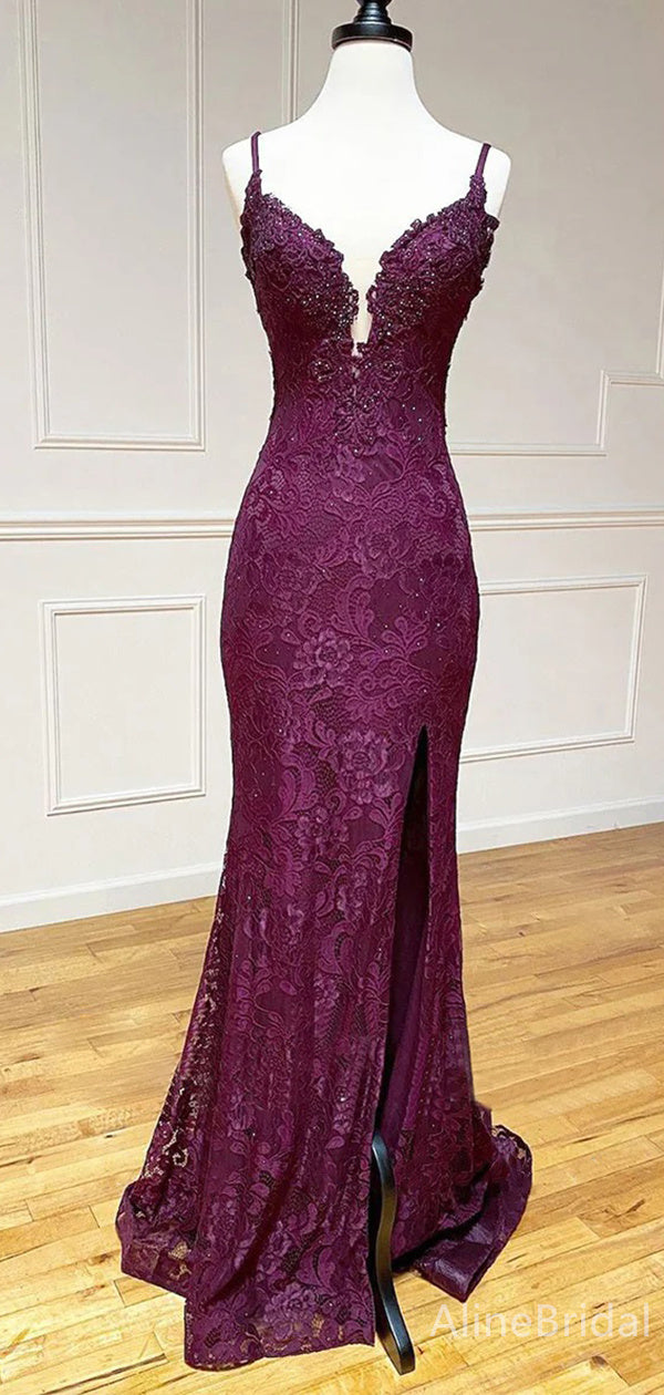 Elegant Purple Lace Beaded Backless Mermaid Prom Dress with Slit-Long AlineBridal Elegant Purple Lace Beaded Backless Mermaid Prom Dress with Slit-Long AlineBridal