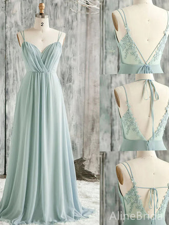 Elegant Mint Green V-neck Spaghetti Strap A-line Long Prom Dress,Evening Dress,PD37751
