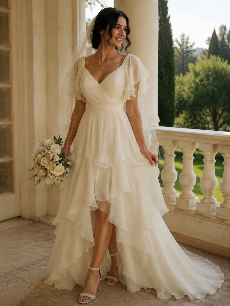 Elegant Ivory Chiffon Ruffles High Low A-line Tiered Wedding Dress, PD – AlineBridal