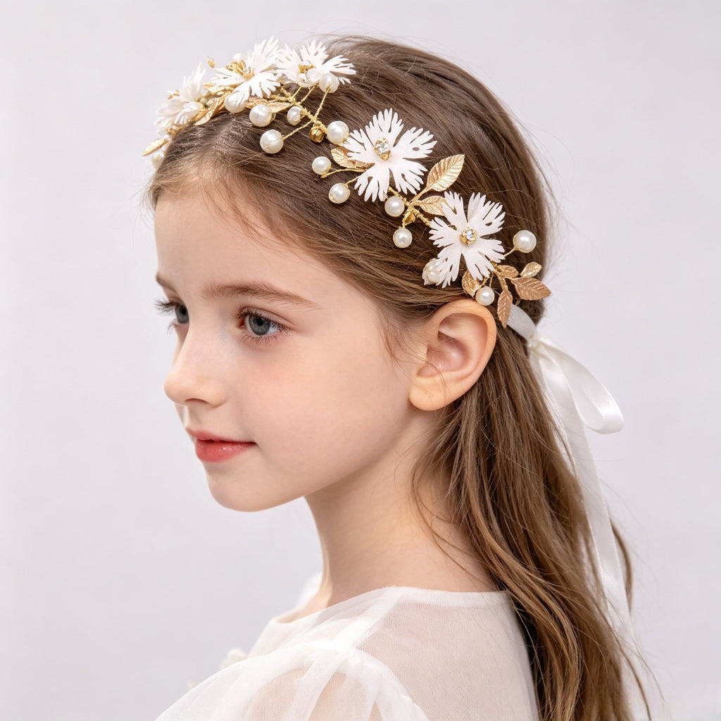 Girls White Flower & Pearl Floral Crown with Ribbon | Flower Girl Wedding Headpiece