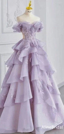 Elegant Purple Strapless A-line Long Layered Tulle Prom Dress, Evening Dress, PD37764