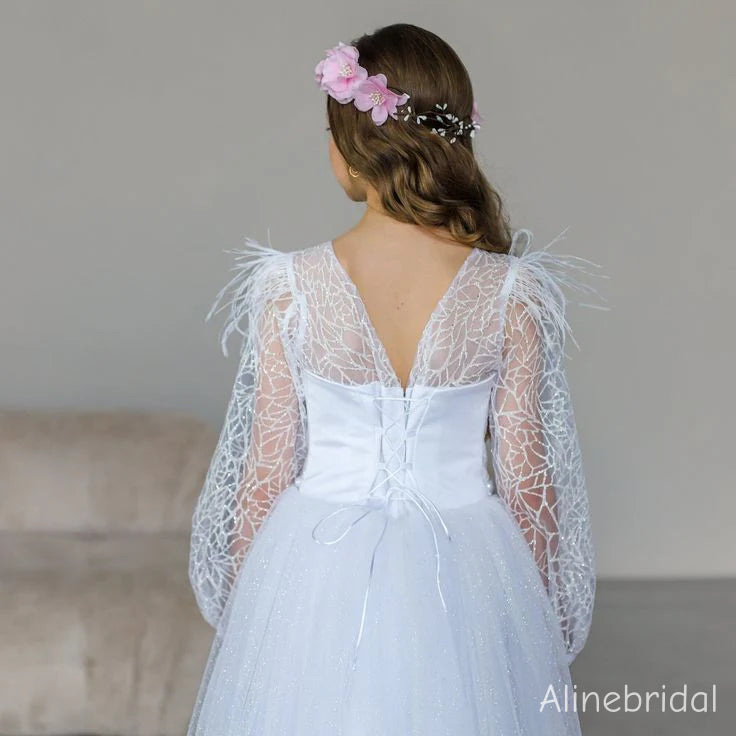 Elegant Ivory Long Sleeve A-line Long Tulle Flower Girl Dress, FGS191