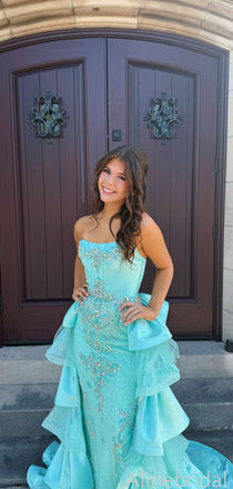 Gorgeous Blue Strapless Beaded Ruffled Tiered Prom Ball Gown, Evening Dress, PD3823009