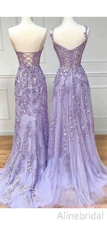 Elegant Purple A-line Lace Applique Long Tulle Mermiad Prom Dress, Evening Dress, PD3822987