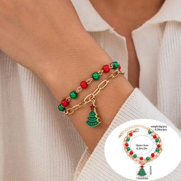 Christmas Festival Double-Layer Bracelet - Cute Wreath/Tree/Snowman/Bow Charms, Trendy Gold Chain & Beads Design for Holiday Look