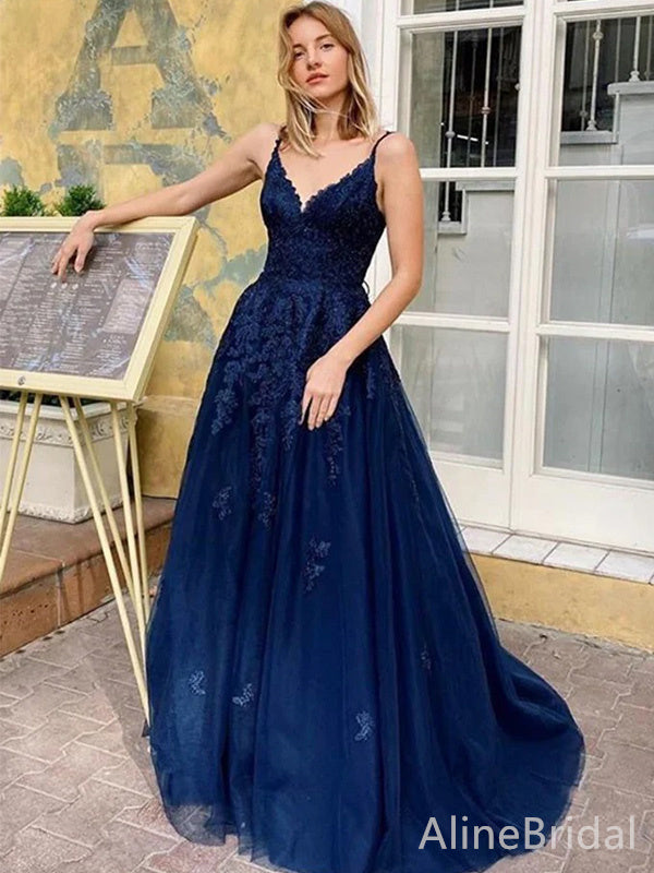 Elegant V-neck Spaghetti Strap Lace Appliques A-line Long Prom Dress,Evening Dress,PD37800