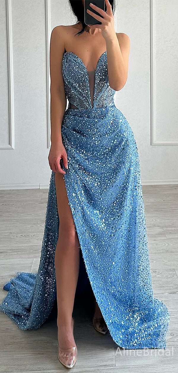 Sexy Deep V-neck Strapless Split Side A-line Long Prom Dress,PD37836 AlineBridal Sexy Deep V-neck Strapless Split Side A-line Long Prom Dress,PD37836 AlineBridal