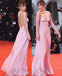 Pink Spaghetti Straps V-neck Sleeveless A-line  Long Prom Dress, PD3752