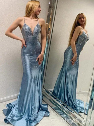 Sparkly Blue V-neck Backless Spaghetti Strap Mermaid Long Prom Dress, PD37844