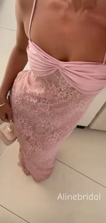 Elegant Spaghetti Straps Bow Lace Blush Soft Satin  Long Prom Dress , Evening Dress, PD382237