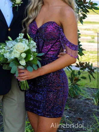 Sparkly Purple Rhinestones Off the Shoulder Short Homeocming Dress with Fringe, HC382287