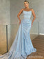 Sparkly Blue Strapless Mermaid Long Prom Dress with Train, PD37866