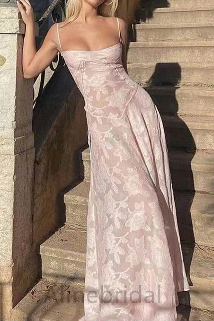 Pink Spaghetti Straps Sleeveless A-line  Long Prom Dress, PD3751