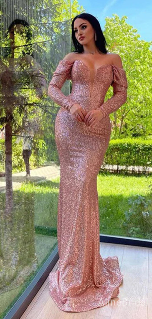 Sparkly V-neck Off-Shoulder Strapless Mermaid Long Prom Dress,PD37887