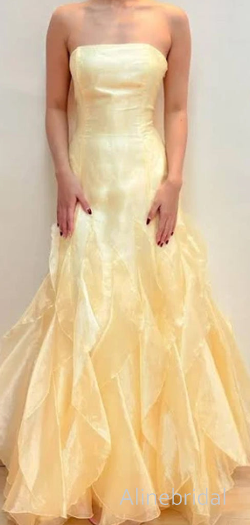 Elegant Strapless Ruffles A-line Long Yellow Tulle Prom Dress, Evening Dress, PD3823017