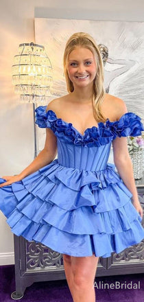 Elegant Blue V-neck Off-Shoulder A-line Short Mini Homecoming Dress with Tiered Ruffles, HD32677