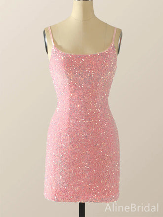 Sparkly Pink Sequins Spaghetti Strap Short Tight Homecoming Dress, HD32679