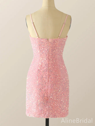 Sparkly Pink Sequins Spaghetti Strap Short Tight Homecoming Dress, HD32679