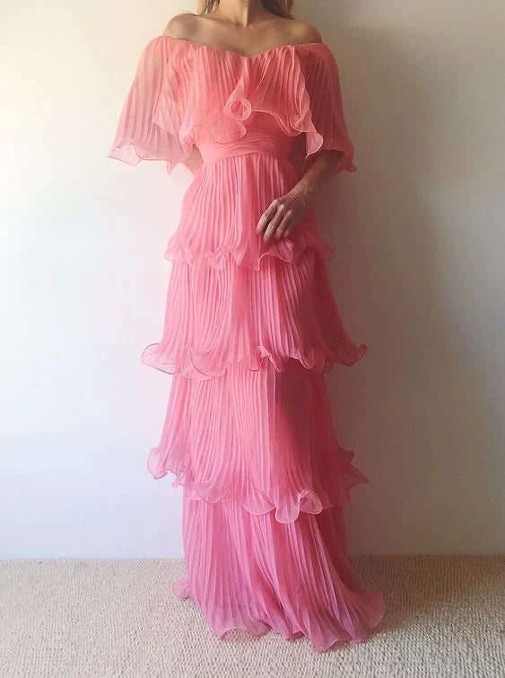 Elegant Pink Off the Shoulder Ruffled Tiered A-line Prom Dress, Evenin AlineBridal Elegant Pink Off the Shoulder Ruffled Tiered A-line Prom Dress, Evenin AlineBridal