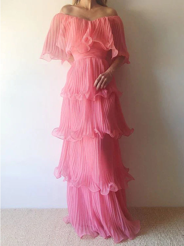 Elegant Off Shoulder Sleeveless Ruffle A-line Floor Length Prom Dress, PD3669