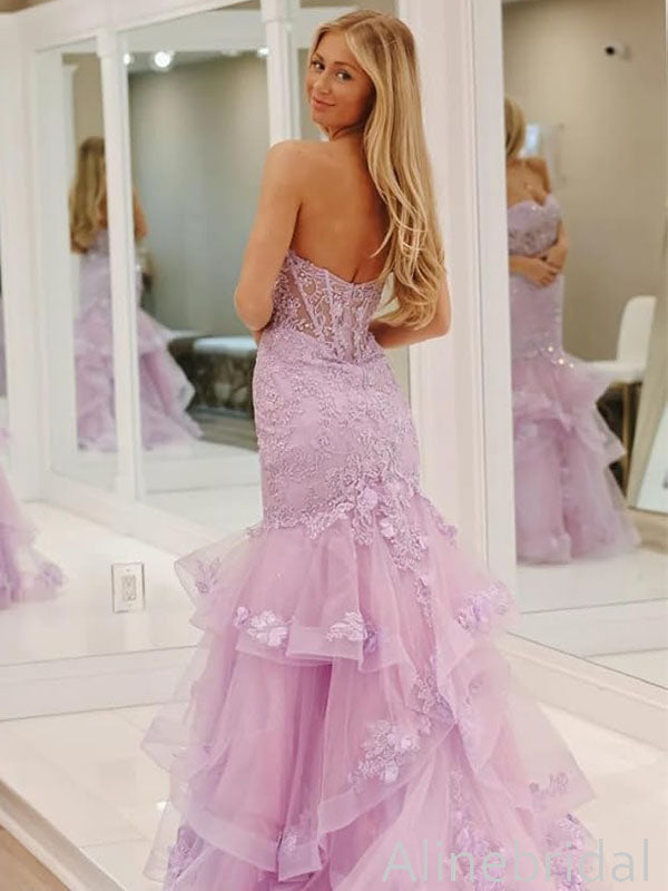 Elegant Purple Strapless Lace Applique Mermaid Prom Dress, Tiered Tulle Evening Dress, PD3822989