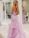 Elegant Purple Strapless Lace Applique Mermaid Prom Dress, Tiered Tulle Evening Dress, PD3822989