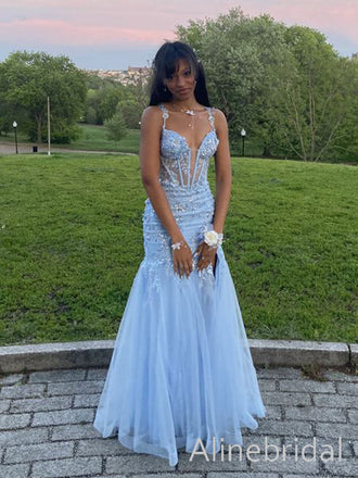 Elegant Blue V-neck Lace Applique Long Prom Dress with Tulle Skirt, Evening Dress, PD3822983