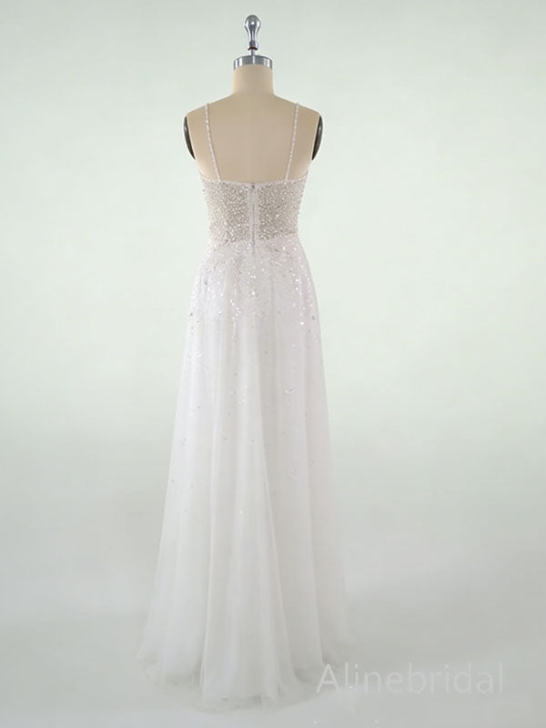 Sparkly White V-neck Spaghetti Strap A-line Long Prom Dress, Tulle Evening Gowns, PD38132