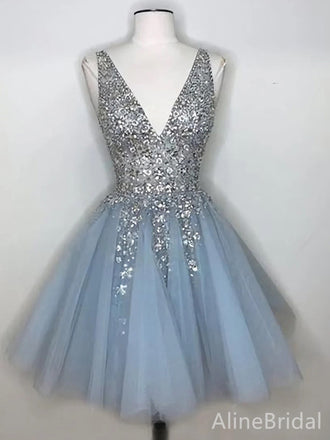 Sparkly Blue V-neck A-line Short Tulle Homecoming Dress with Silver Sequins, HD32689