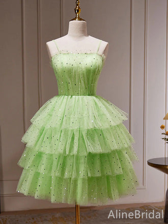 Elegant Light Green Spaghetti Strap A-line Short Homecoming Dress-Mini Layered Tulle Dress, H D32695