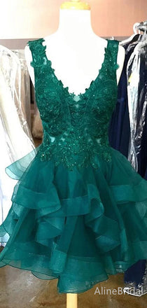 Gorgeous Emerald Green V-neck A-line Short Lace Tiered Ruffles Homecoming Dress, HD32697