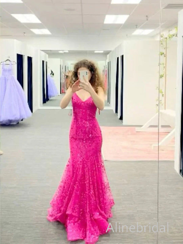 Stunning V-neck Sequins Ruffle Pink Tulle Mermaid Prom Dress, Evening Dress, PD3823014