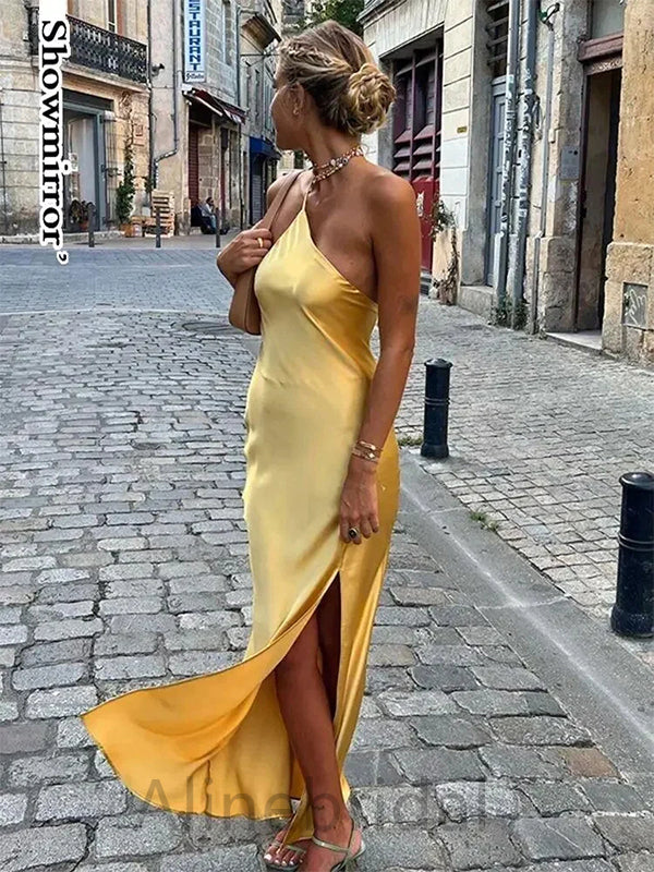 Yellow One Shoulder Sleeveless Side Slit Mermaid Long Prom Dress, PD3740