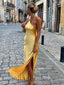 Yellow One Shoulder Sleeveless Side Slit Mermaid Long Prom Dress, PD3740