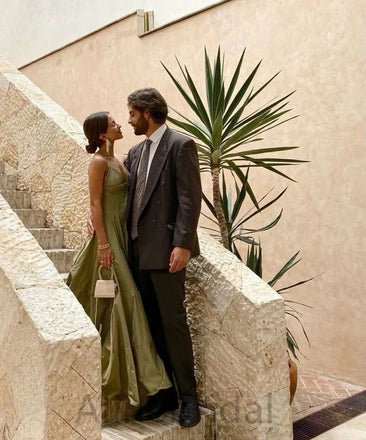 Sage Spaghetti Straps V-neck Sleeveless A-line  Long Prom Dress, PD3753