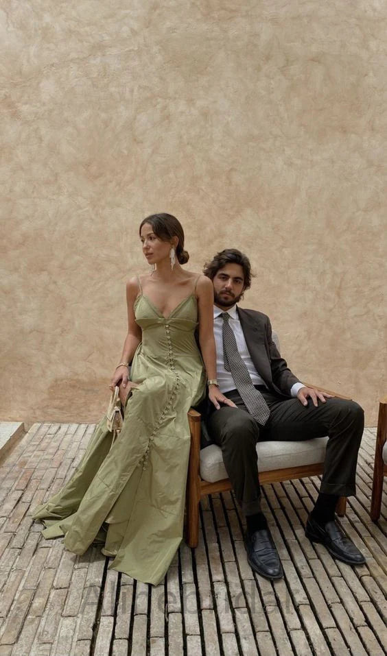 Sage Spaghetti Straps V-neck Sleeveless A-line  Long Prom Dress, PD3753