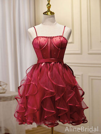 Gorgeous Red Spaghetti Strap Corset A-line Short Tiered Ruffles Homecoming Dress, HD32717