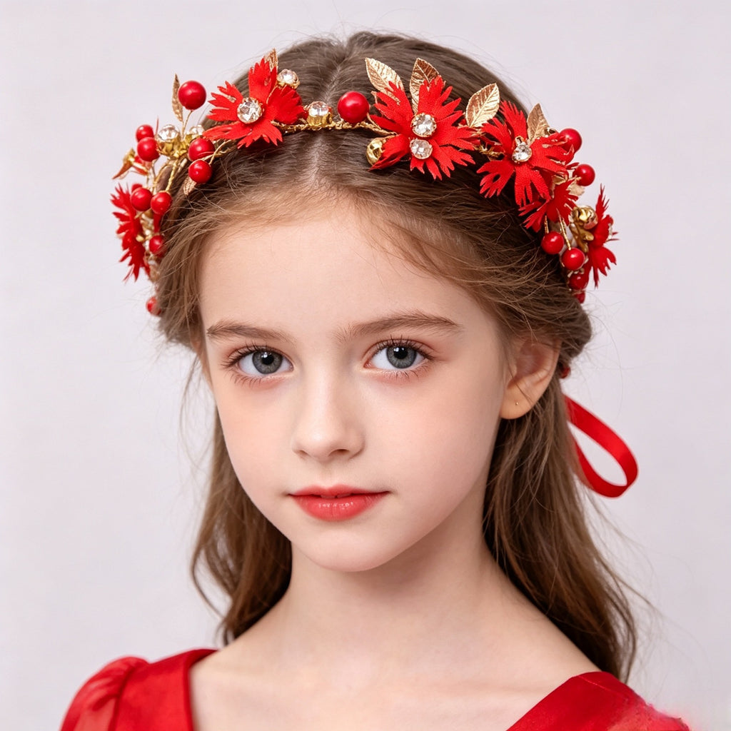 Girls White Flower & Pearl Floral Crown with Ribbon | Flower Girl Wedding Headpiece